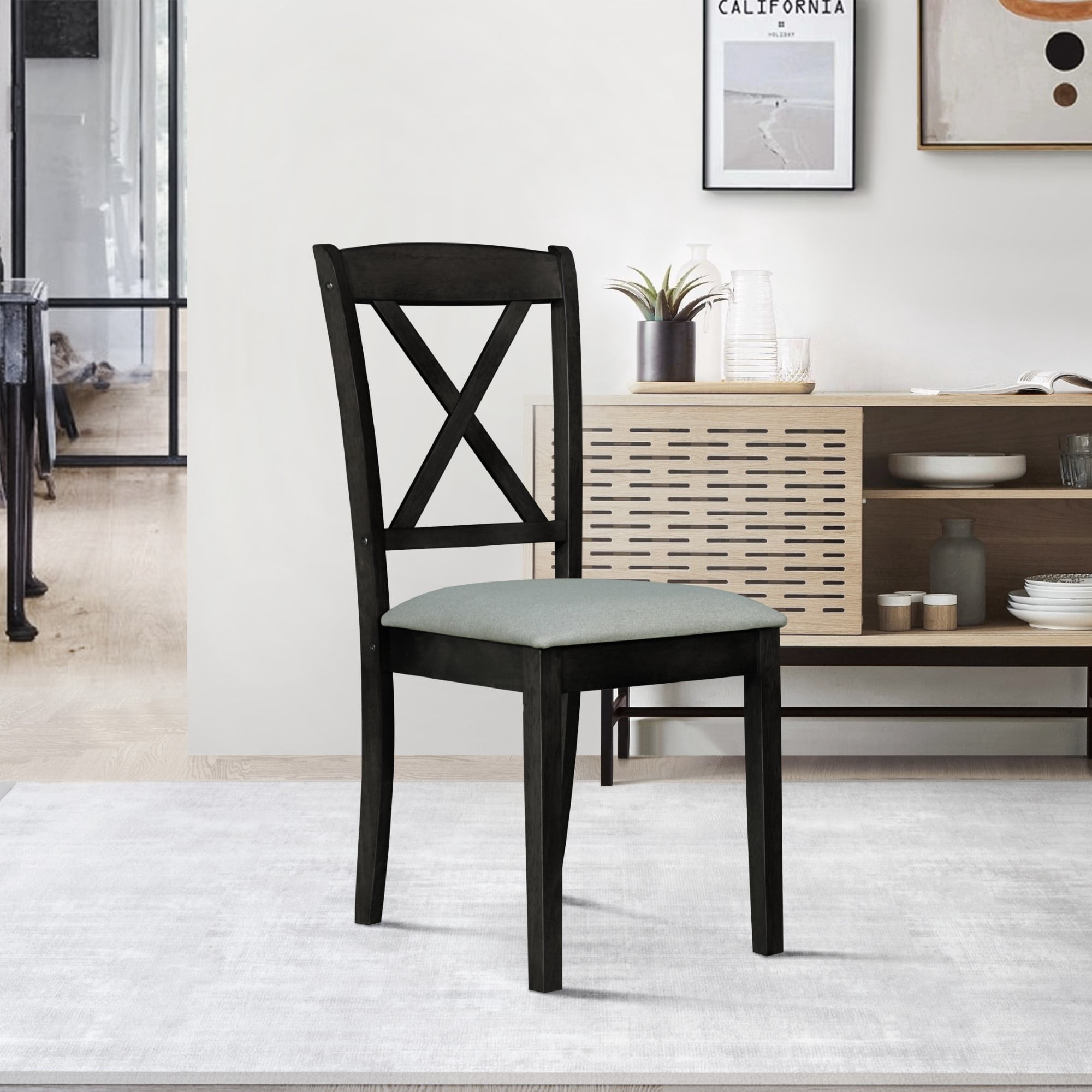 Home Design Sudbury 5-Piece Dining Set, Black/Gray, Rectangular Table with Center-Divided Top and X-Back Cushioned Chairs, Modern Style