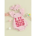 thumbnail image 3 of Bslissey Baby Girls Summer Romper Fly Sleeve Embroidery Letter Jumpsuit Newborn Infant Cute Casual Bodysuit with Bow Headband 3M 6M 12M 18M, 3 of 9
