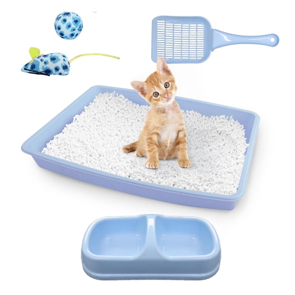 Cat Litter Box Set, Small Cat Kitten Starter Kit, Includes Cats Toilet Kitten Litter Pan with Litter Scoop, Double Dish Cat Bowl, Kittens Mouse and Ball Toy