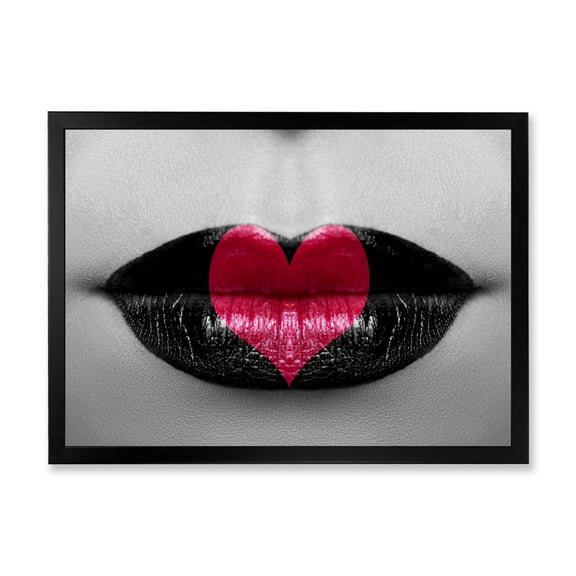 Designart 'Red Heart In Monochrome Lips' Modern Framed Art Print