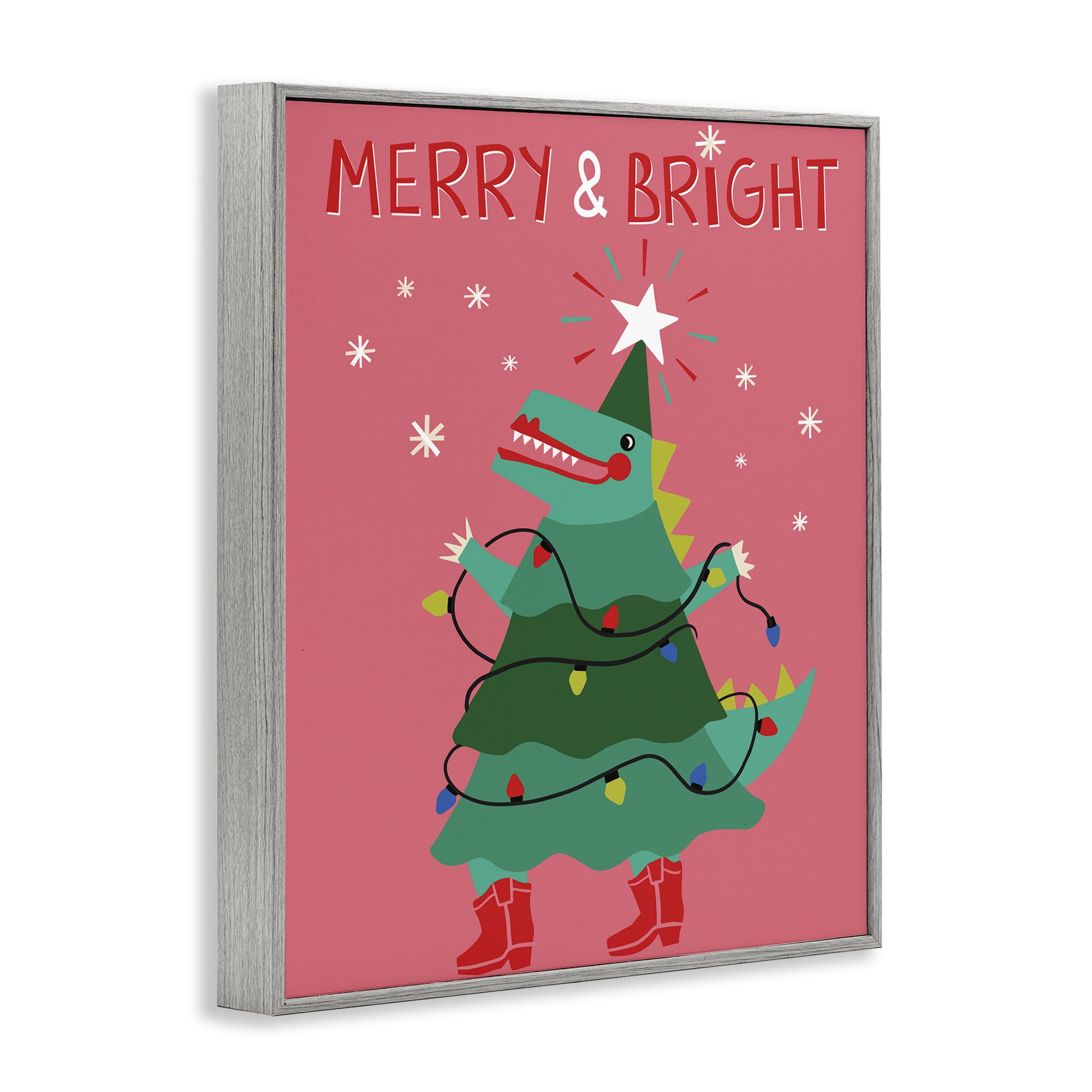 Stupell Industries Merry and Bright Dinosaur Holiday Painting Gray Framed Art Prints Wall Art, 11 x 14