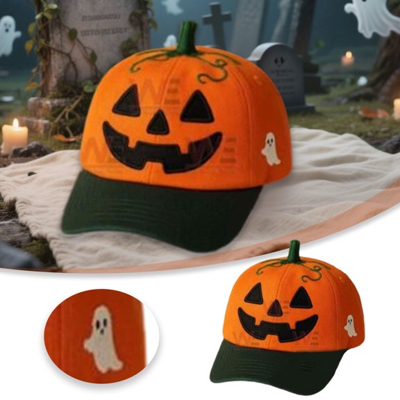 CUZIBR Unisex Women Adjustable Pumpkin Shape Baseball Cap Ghost Embroidery Halloween Casual Cap Holiday Accessory
