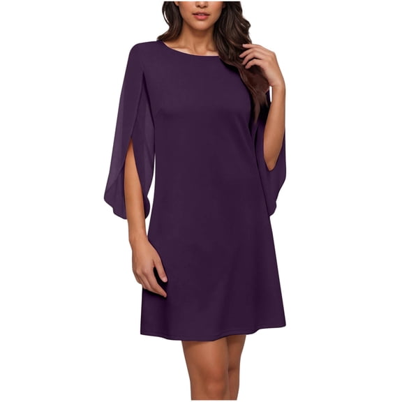 Efsteb Women's Summer Dresses Casual Flutter Sleeve Cocktail Dress Chiffon Formal Wedding Guest Party Short Dresses Resort Dress Crew Neck Solid Color Short Sleeve Loose ,Size:L