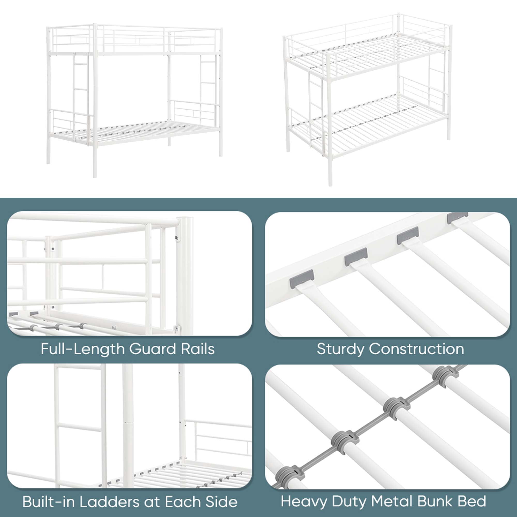 Aukfa Metal Bunk Bed Twin over Twin, Able to Split Two Beds for Kids Teens Dorm - White