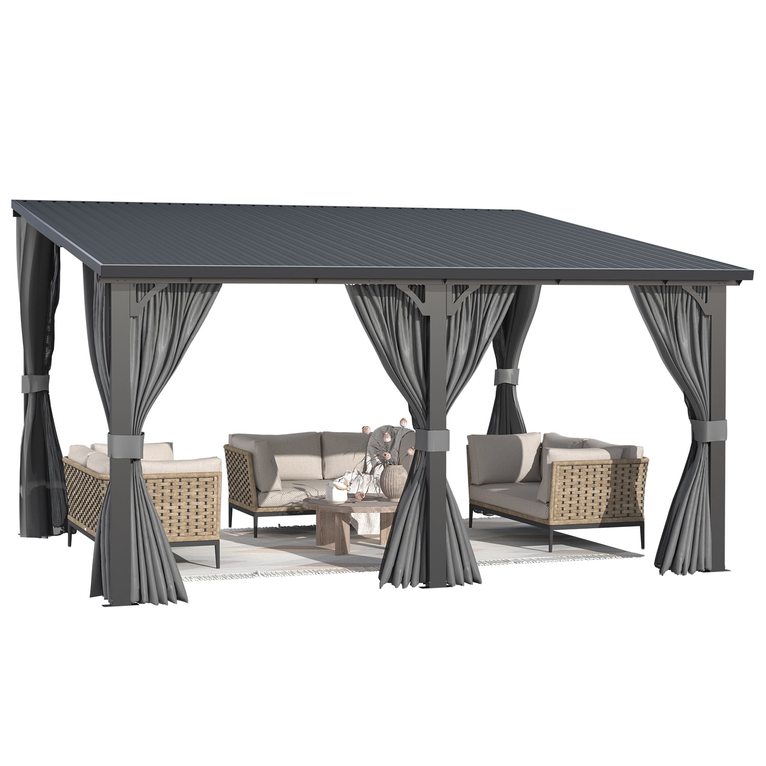 AECOJOY 14' x 12' Hardtop Patio Gazebo with Curtains and Netting, Wall Mounted Heavy Duty Outdoor Pergola on Clearance with Galvanized Steel Roof, Waterproof Metal Grill Gazebo for Backyard