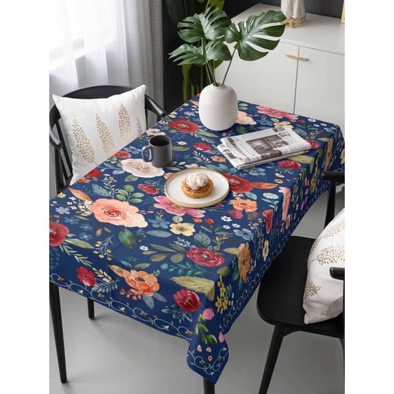 Navy Blue Flowers Tablecloth Rectangle Table Cloths 54x108, Waterproof Tablecloth Outdoor Table Cloth, Spring Vintage Floral Leaves Farmhouse Washable Table Cover for Kitchen Dinning Party
