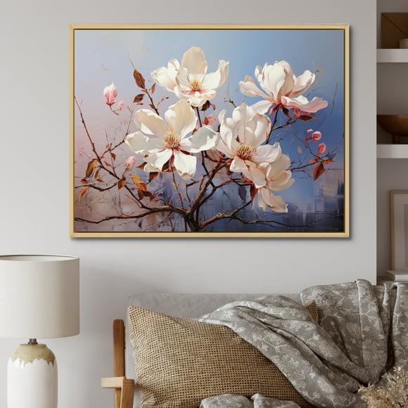 Designart Grand Art Mural Encadré Magnolias, expression d'Amour Magnolias Blanc Bleu, Décoration Murale Encadrée Magnolias, Art Mural Encadré Traditionnel Blanc Naturel, 40x30 Pouces Cadre Couleur Brun Naturel