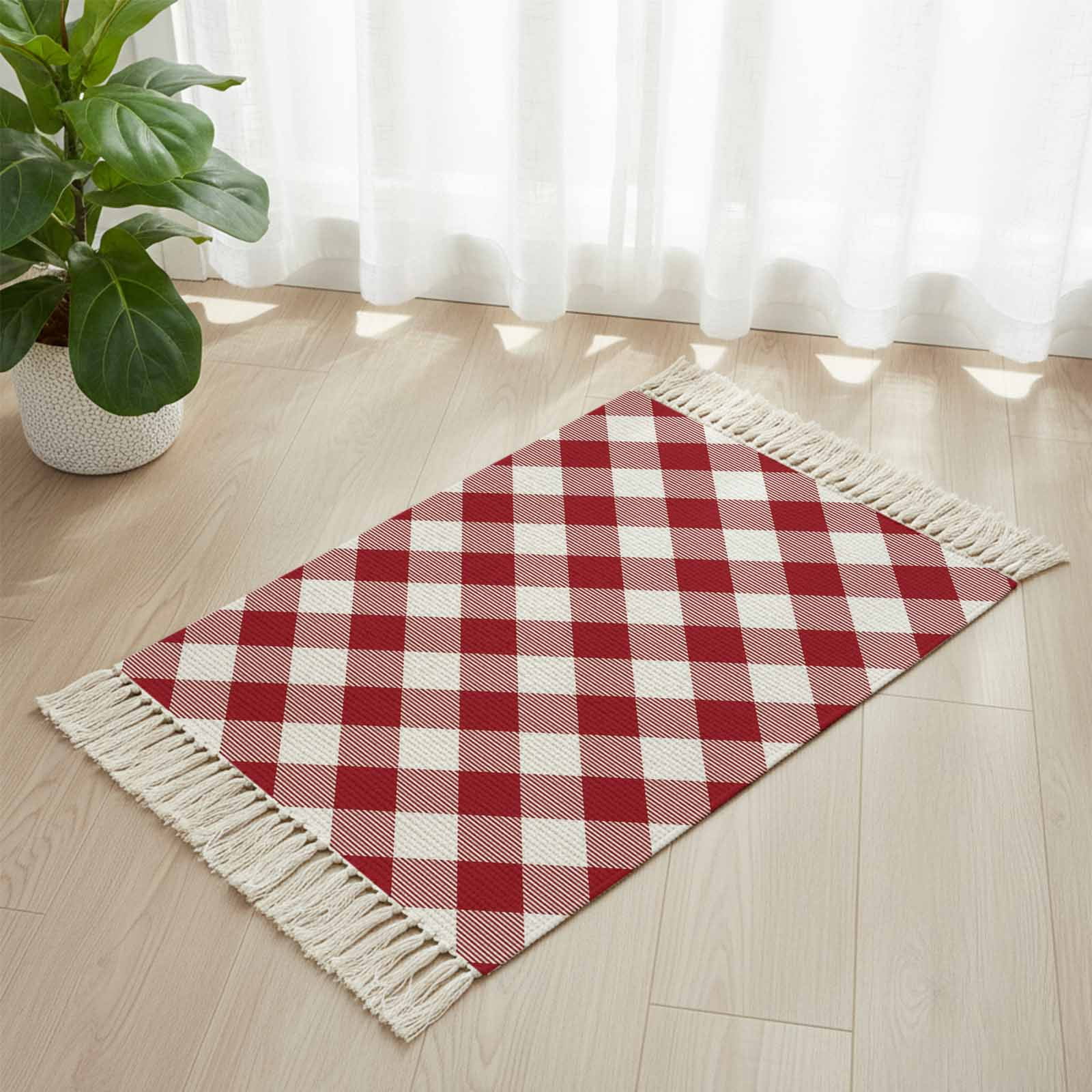 Kitchen Runner Rugs, Red and White Plaid 2'x3' Throw Rug with Tassels, Buffalo Check Tartan Washable Soft Floor Carpet Runner for Hallway Bedroom Bathroom Laundry Room