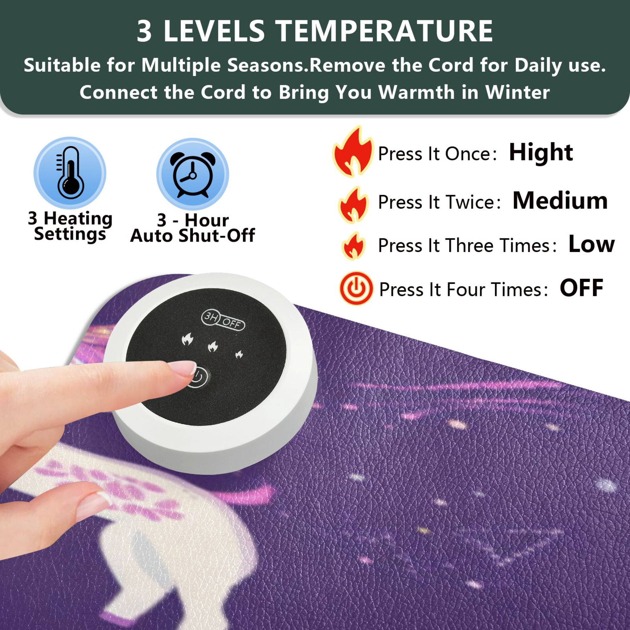 Large Heated Desk Mat Mouse Pad 31.5"x13"PU Leather Graphene Heating Desk Warmer with 3 Temperature Settings 110V US Plug Non-Slip Warm Pad for Home, Office, and Gaming Dark Purple Unicorn Print