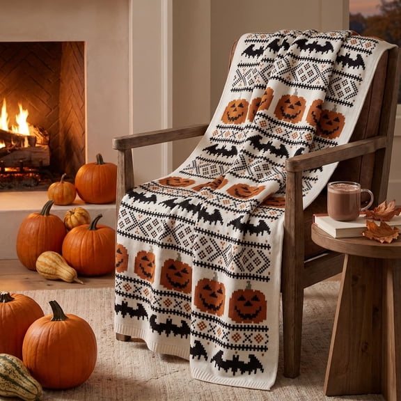 Halloween Knitted Throw Blanket, Retro Fair Isle Pumpkin & Bat Pattern Decorative Throw, Soft Cozy Blanket for Sofa Couch Home Fall Halloween Decor 50x60Inch