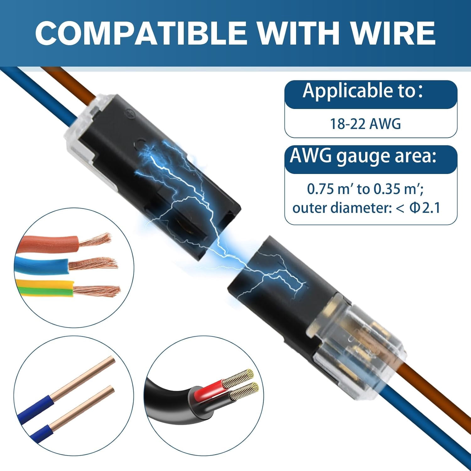 Dual wire plug-in connector, quick connect push-in rod type cable connector suitable for light strips, 2-pin low voltage locking clip, suitable for 22-18 solid and stranded wires, no soldering (20 pc