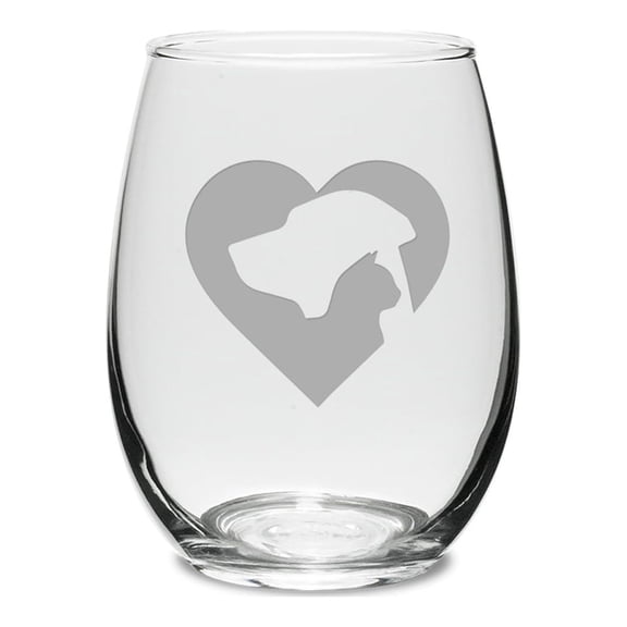 Cat Dog Heart Deep Etched Stemless Wine Glass