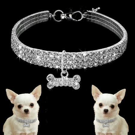 Sokhug Dog Necklace  Crystal Bling Kitten Collar Glitter Silver Chain Jewelry White Diamond Puppy Collars with Bone Pendant for Small Tiny Pet Female Dogs Girl Cats