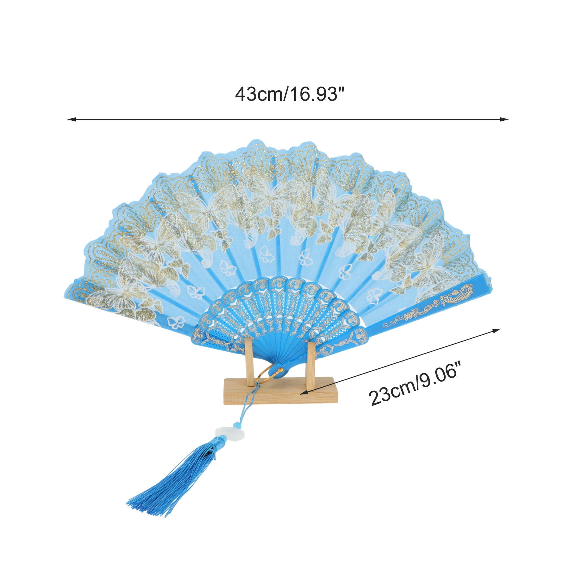 Unique Bargains Elegant Butterfly With Tassel Folding Fan 1PC Sky Blue