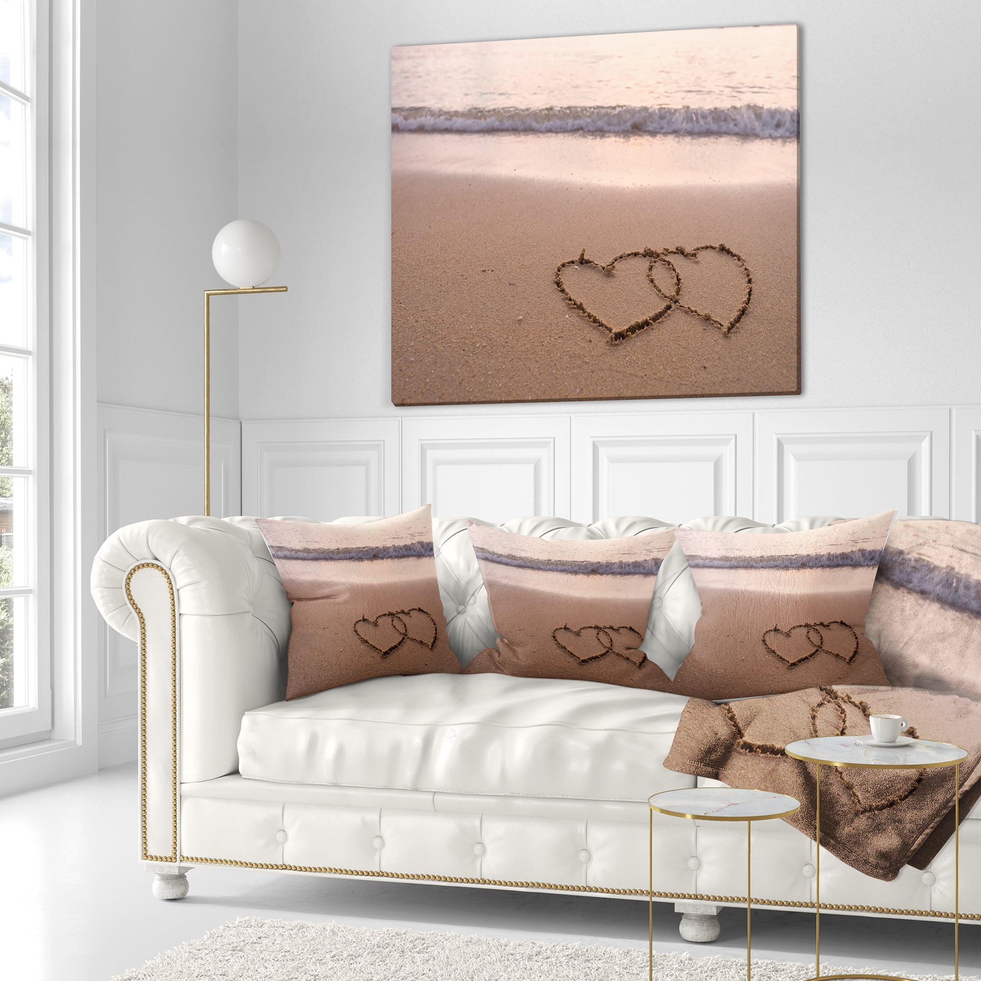 Designart Two Hearts Drawn on the Beach - Seascape Throw Pillow - 16x16