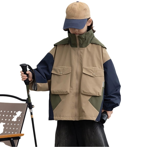 Boys' Sportswear Hooded Repel Jacket Water_proof Wind_breaker Lightweight Zip up Raincoat with Pockets Color Block Windbreaker Hooded (Khaki,5-6 Years)