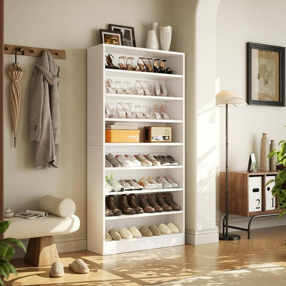 Homieasy Tall Shoe Cabinet, 9-Tier Wood Shoe Storage Organizer, Freestanding Shoe Storage Cabinet with Large Capacity, Vertical Space Saving Shoe Rack, White