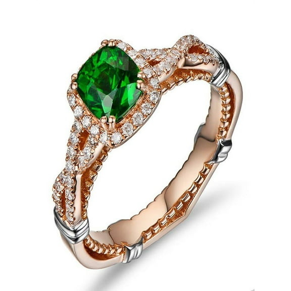 Antique 2 Carat cushion cut Emerald and Diamond Rose Gold Engagement Ring