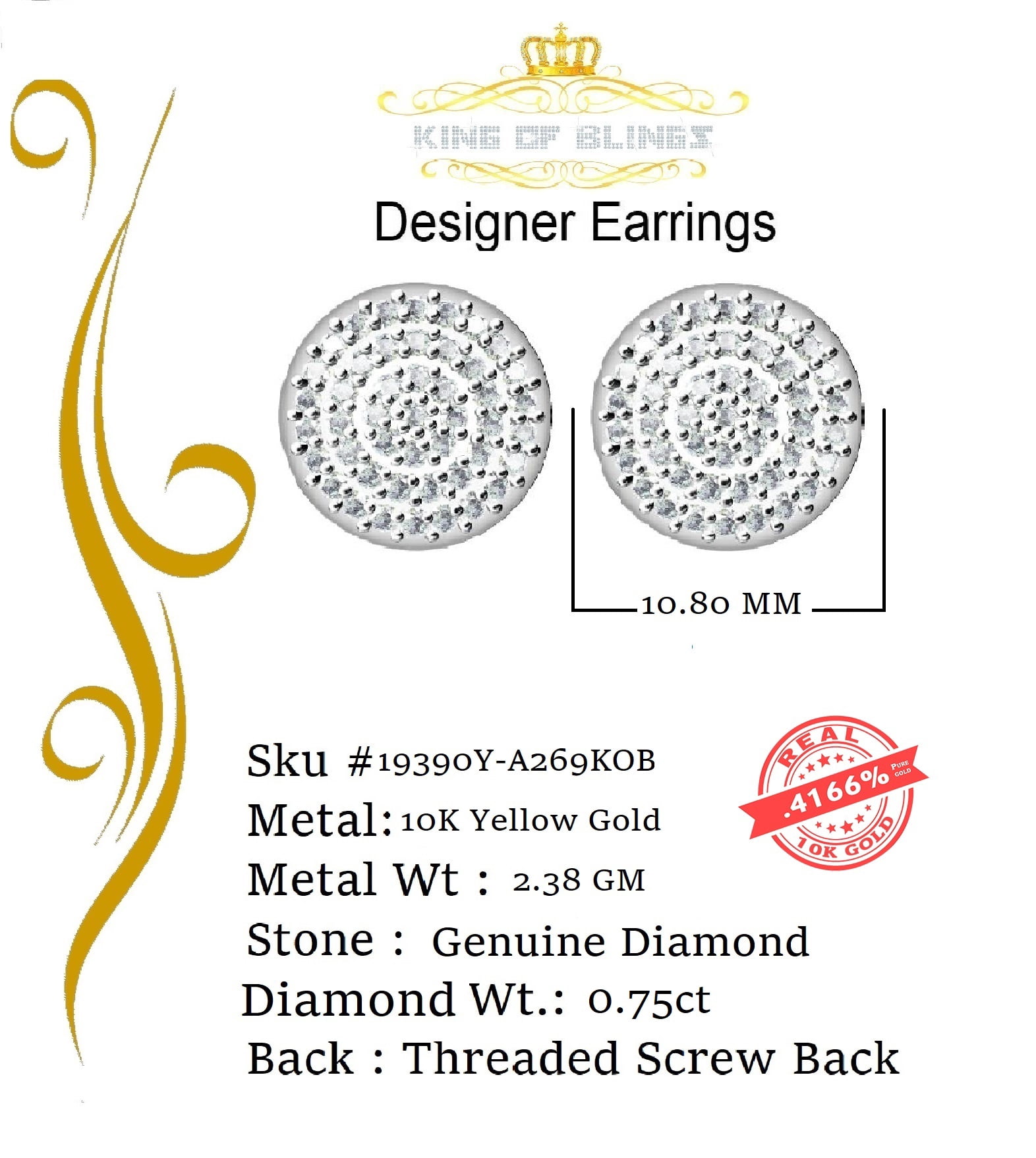 King of Bling's 10K Real Yellow Gold Real Diamond 0.75CT Men's/Women's Stud Round Earring