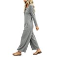thumbnail image 7 of TEAJOPSUU Womens Waffle Knit Jumpsuit Long Sleeve Button Henley Neck Wide Leg Long Romper with Pockets Casual Loungewear Gray, 7 of 7