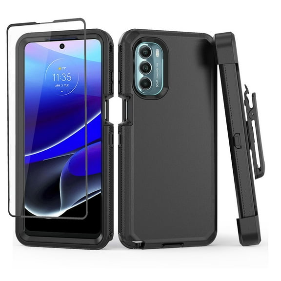 NIFFPD Moto G Stylus 5G 2022 Case with Screen Protector Full Body Shockproof Phone Cover with Belt-Clip Holster Black