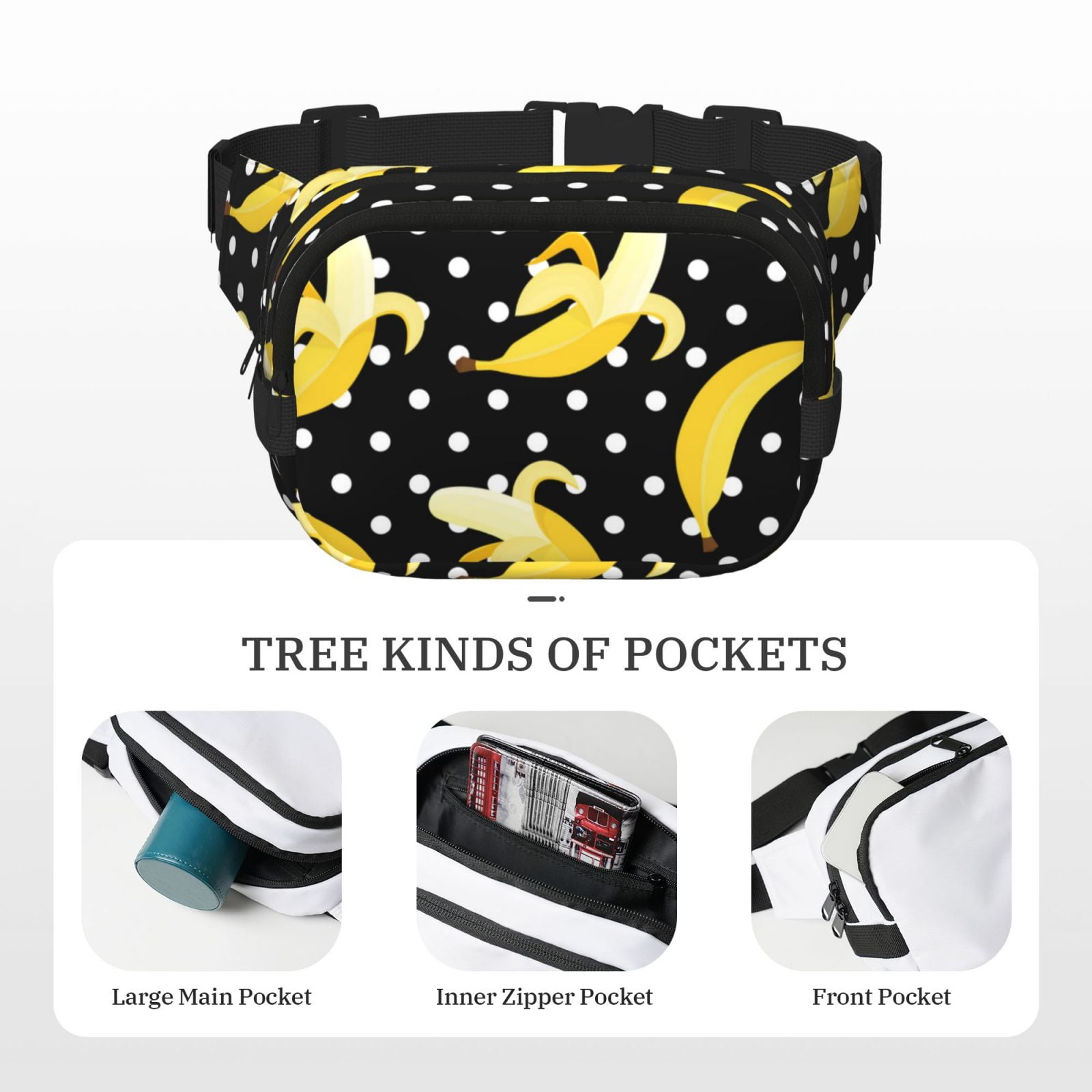 Fuzoiu Banana Print Unisex Square Double Layer Waist Bag,Crossbody Fanny Pack Travel Workout Accessory