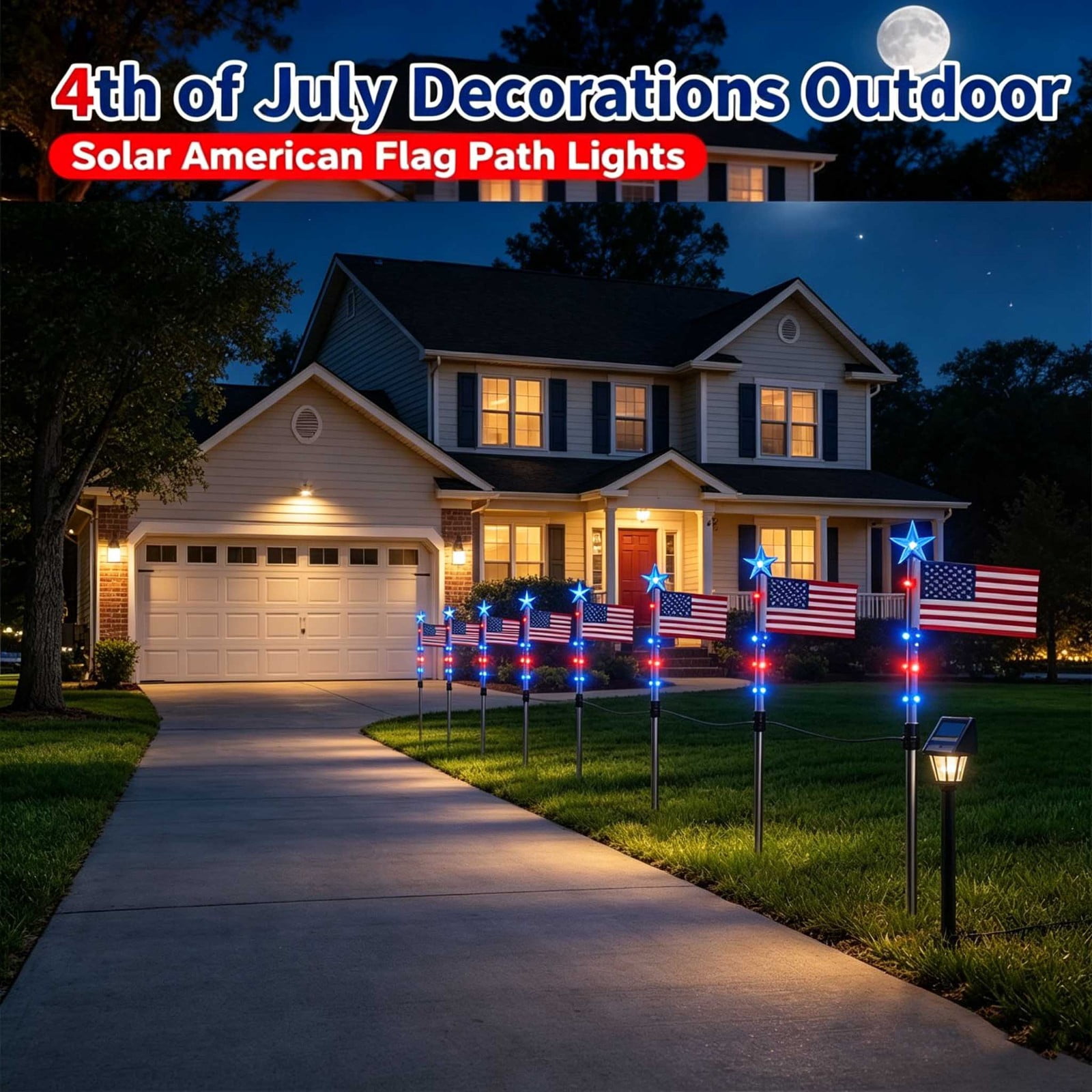 CSSAD 8 Pack Solar American Flag Pathway Lights - Patriotic Red White Blue Outdoor Stake Waterproof LED Lights, 4th of July Memorial Day & Independence Day Yard Garden Flag Pole Light Solar Powered