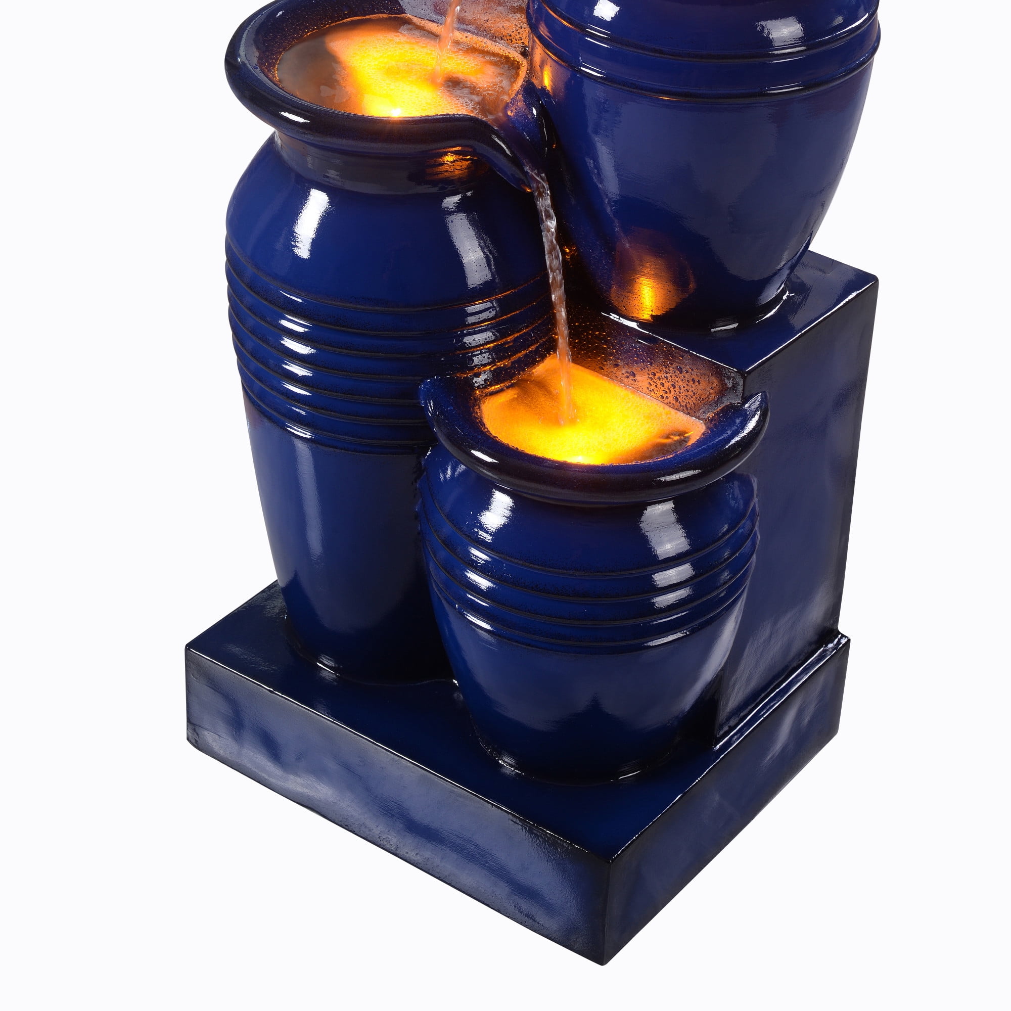 Teamson Home 4-Tier Outdoor Cascading Bowl Solar Powered Water Fountain with LED Lights, Navy