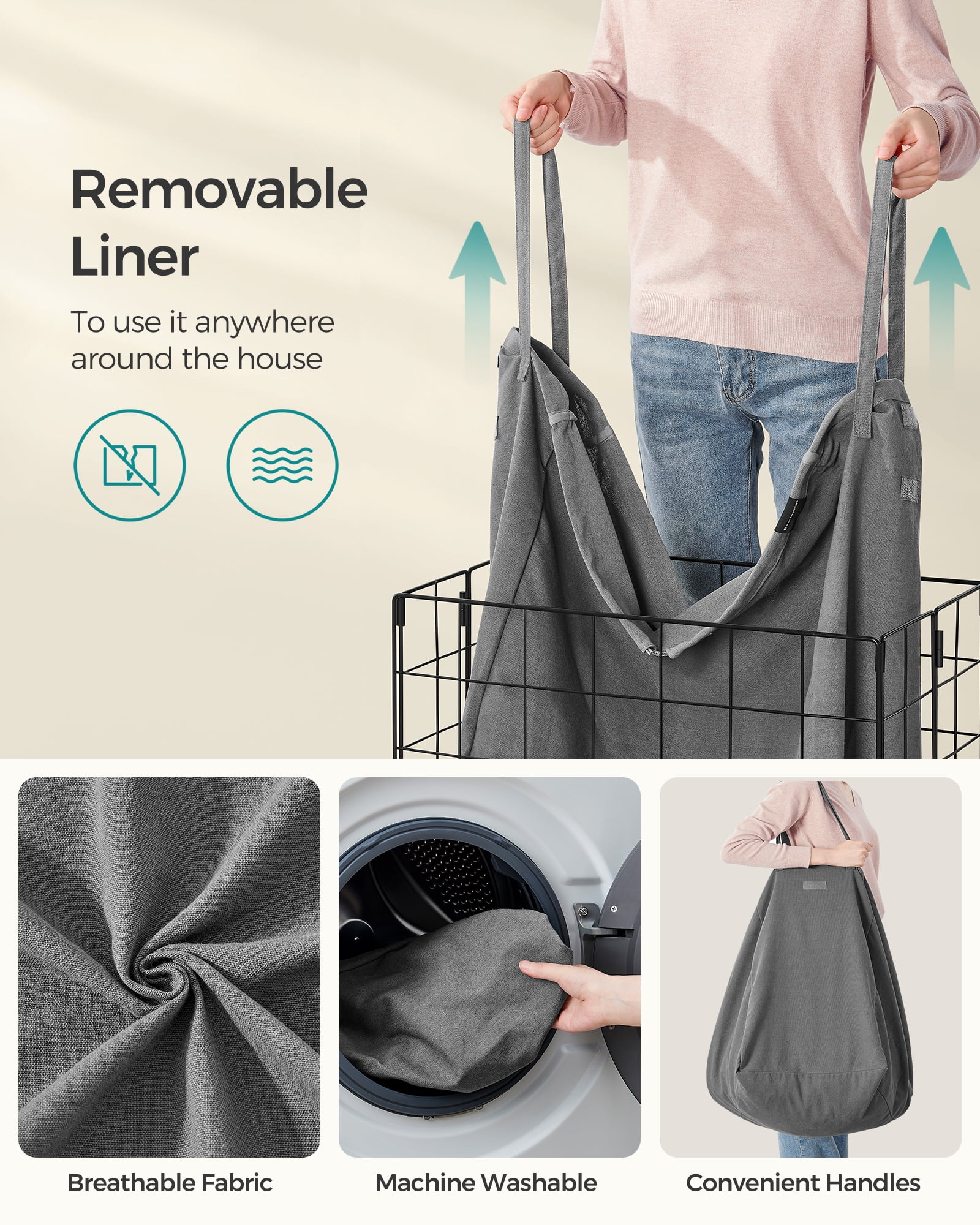 SONGMICS 29 Gal. (110L) Laundry Basket, Laundry Hamper, Collapsible Clothes Hamper, Removable and Washable Liner, Metal Wire Frame, for Bedroom Bathroom, Black and Gray