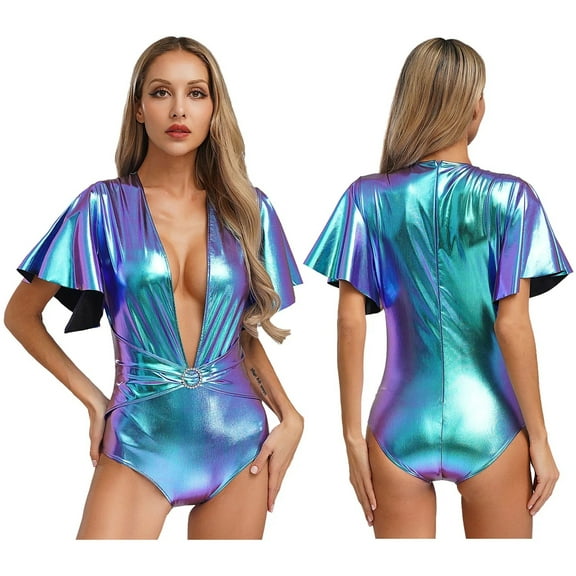 Womens Shiny Metallic Bodysuit For Pole Dancing Deep V Ruffle Sleeve Slim Fit Holographic Party Club Wear