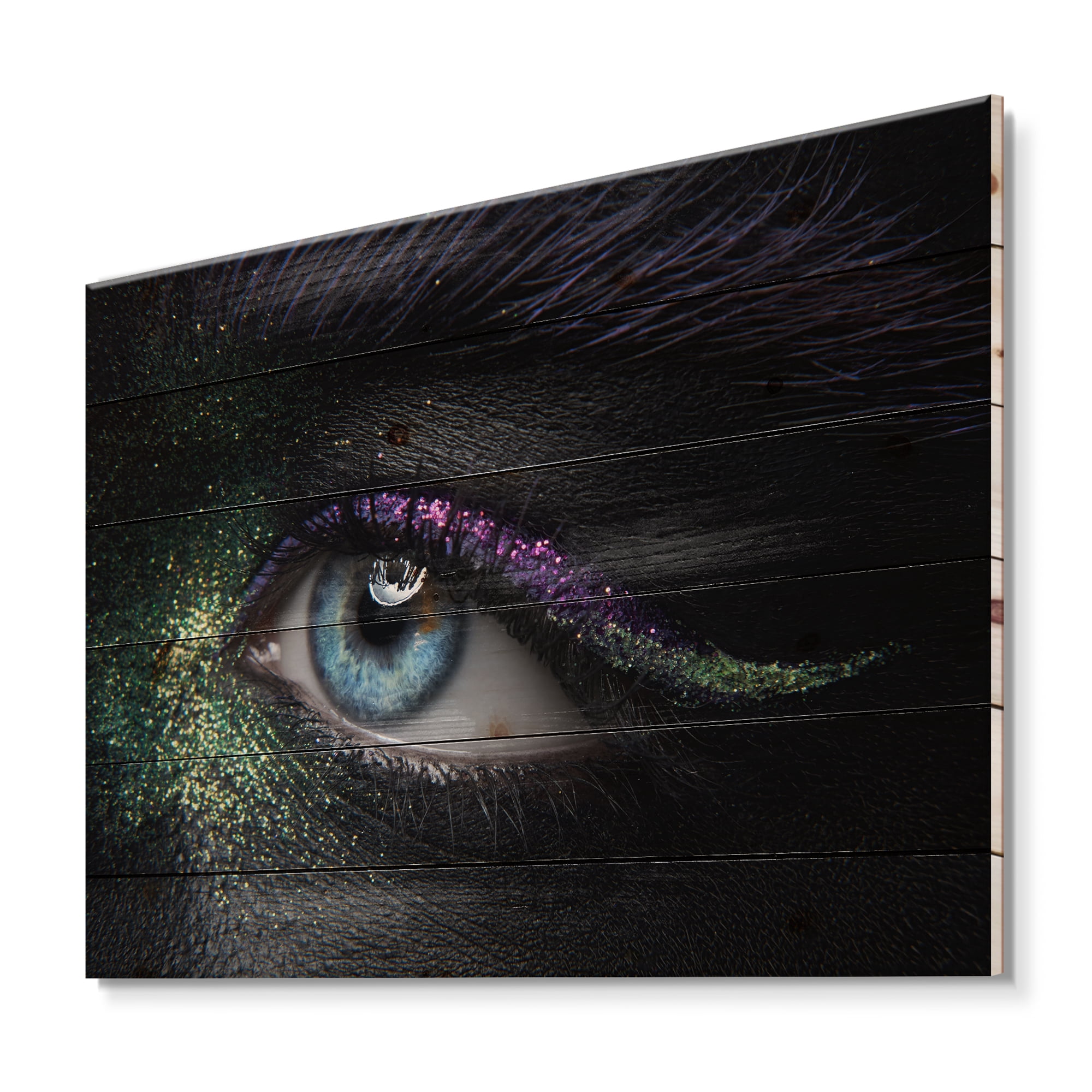 Designart 'Woman Eyes With Green & Purple Pigment & Sparkles' Modern Print on Natural Pine Wood