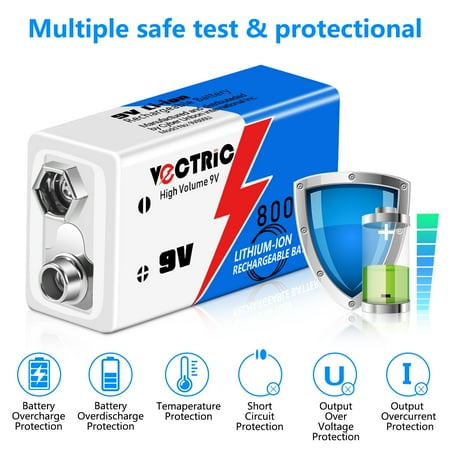 9V Rechargeable Li-ion Batteries 800mAh VECTRIC 3 Packs with Smart Charger LITHIUM-ION
