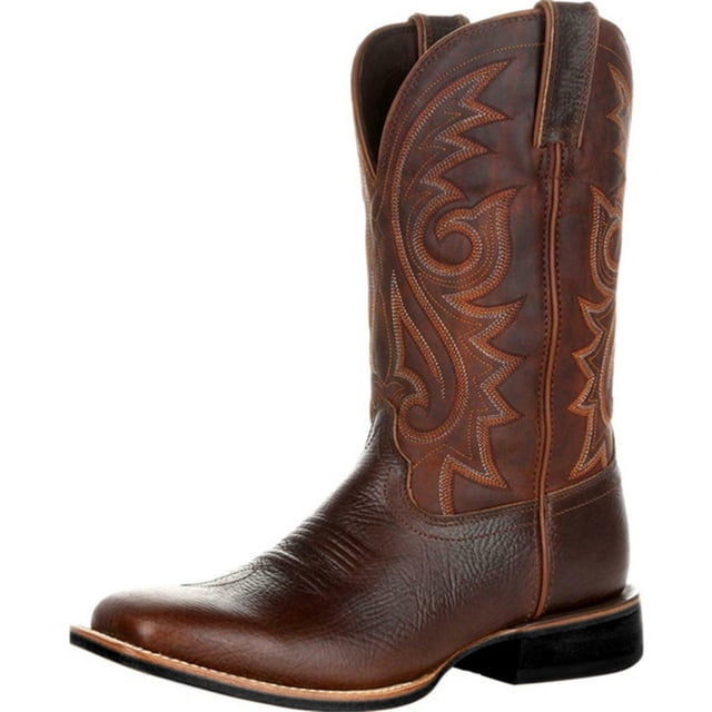Botas bordadas retro de cuero para hombre Botas de suela gruesa de tubo medio de cabeza ancha