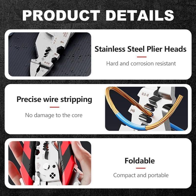 16-In-1 Foldable Stainless Steel Wire Stripper,16 in 1 Wire Stripper Twister,Multifunctional Wire Stripperd for Clamping, Side Shearing, Winding Electrician Pliers Tools