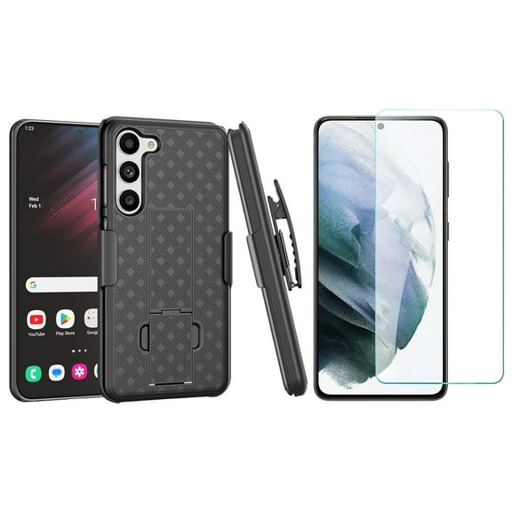 Belt Clip Case and Screen Protector for Samsung Galaxy S23 - Swivel Holster Tempered Glass Kickstand 9H Hardness (Fingerprint Unlock)