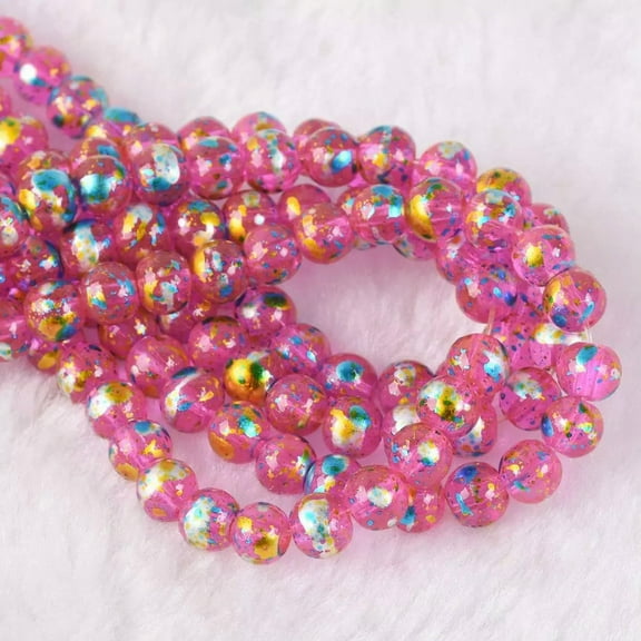 U8MO 50pcs 6mm Round Crystal Glass Metallic Luster Patterns Loose Beads Deep Pink