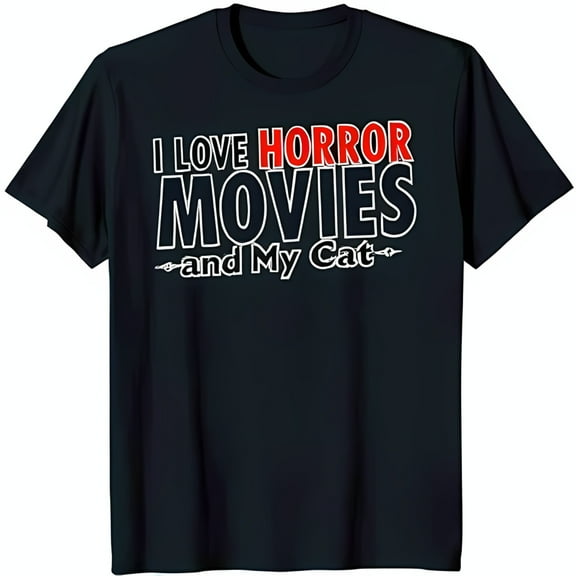 Black T-Shirt with Bold Graphic I Love Horror Movies and My Cat for Cat Lovers