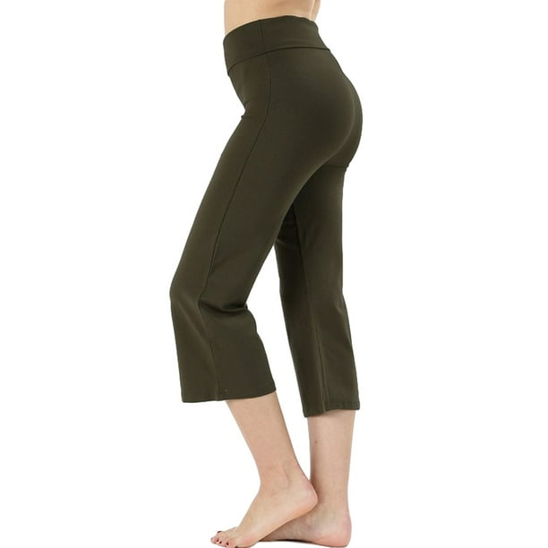 PacificPlex Capri Yoga Pants Fold Over Waist (Small, DarkOlive