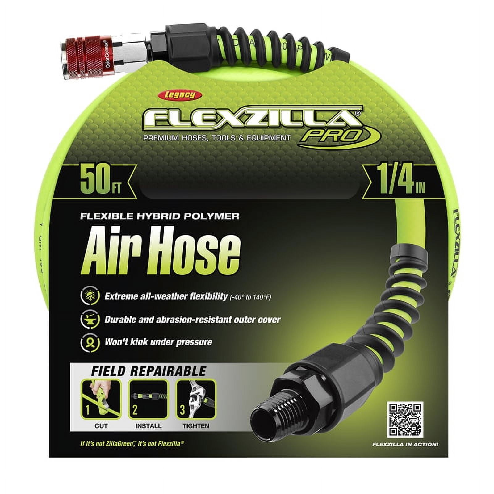 Flexzilla Pro 50 ft. L x 1/4" Dia. Hybrid Polymer Air Hose Kit 300 psi Zilla Green