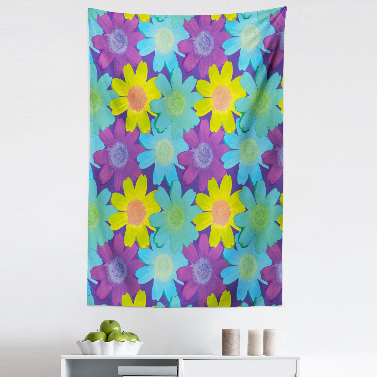Floral Tapestry, 90's Style Flowers Watercolor Style Daisies Chamomile
