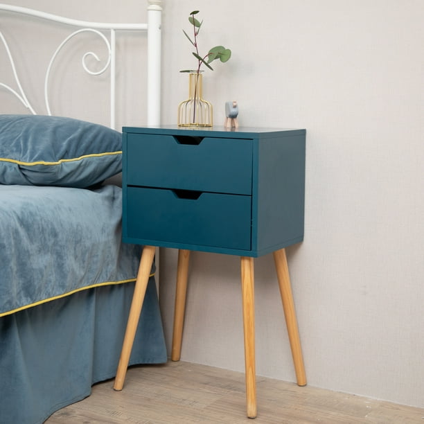 Jaxpety Set Of 2 Mid Century Modern Nightstand Bedside Table Sofa End Table Bedroom Decor 2 Drawers Storage With Solid Wood Legs Blue Walmart Com Walmart Com