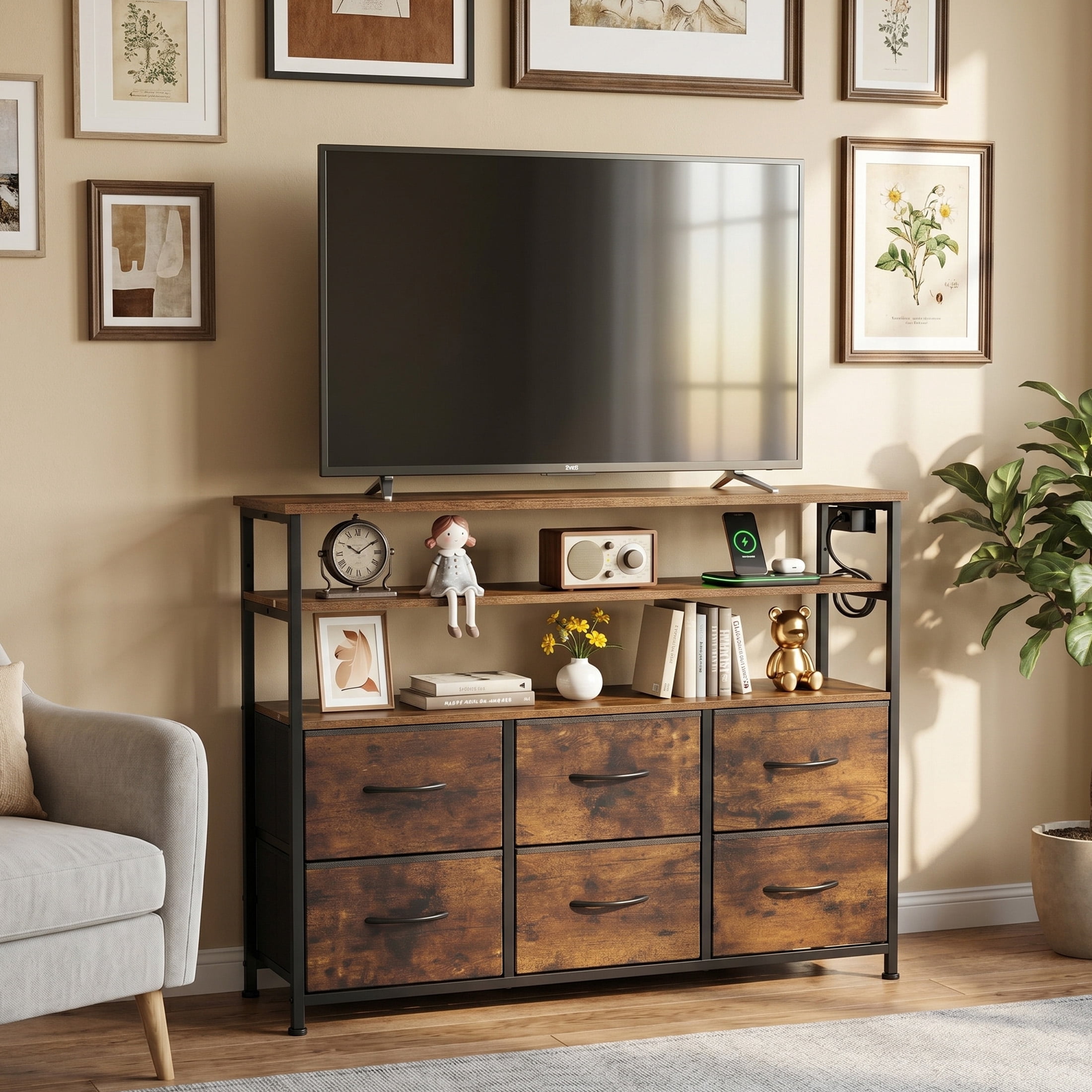 CONCETTA TV Stand for 45 Inch TV, 6-Drawer Dresser with 3-Tier Open Shelves, LED Lights, Charging Station, Wood Top Entertainment Center for Bedroom, Living Room, Hallway, Rust