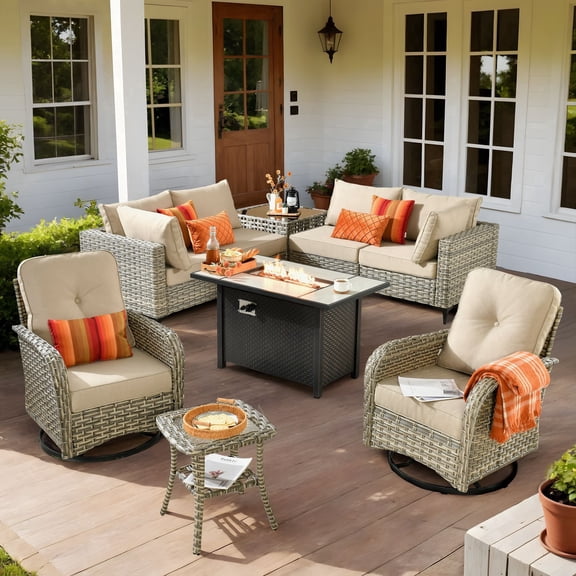 XIZZI 9-Piece Outdoor Patio Furniture Set, High Back Wicker Sectional with Fire Pit Table & Swivel Rocking Chairs, All-Weather Rattan Conversation Set for Patio & Garden, Beige
