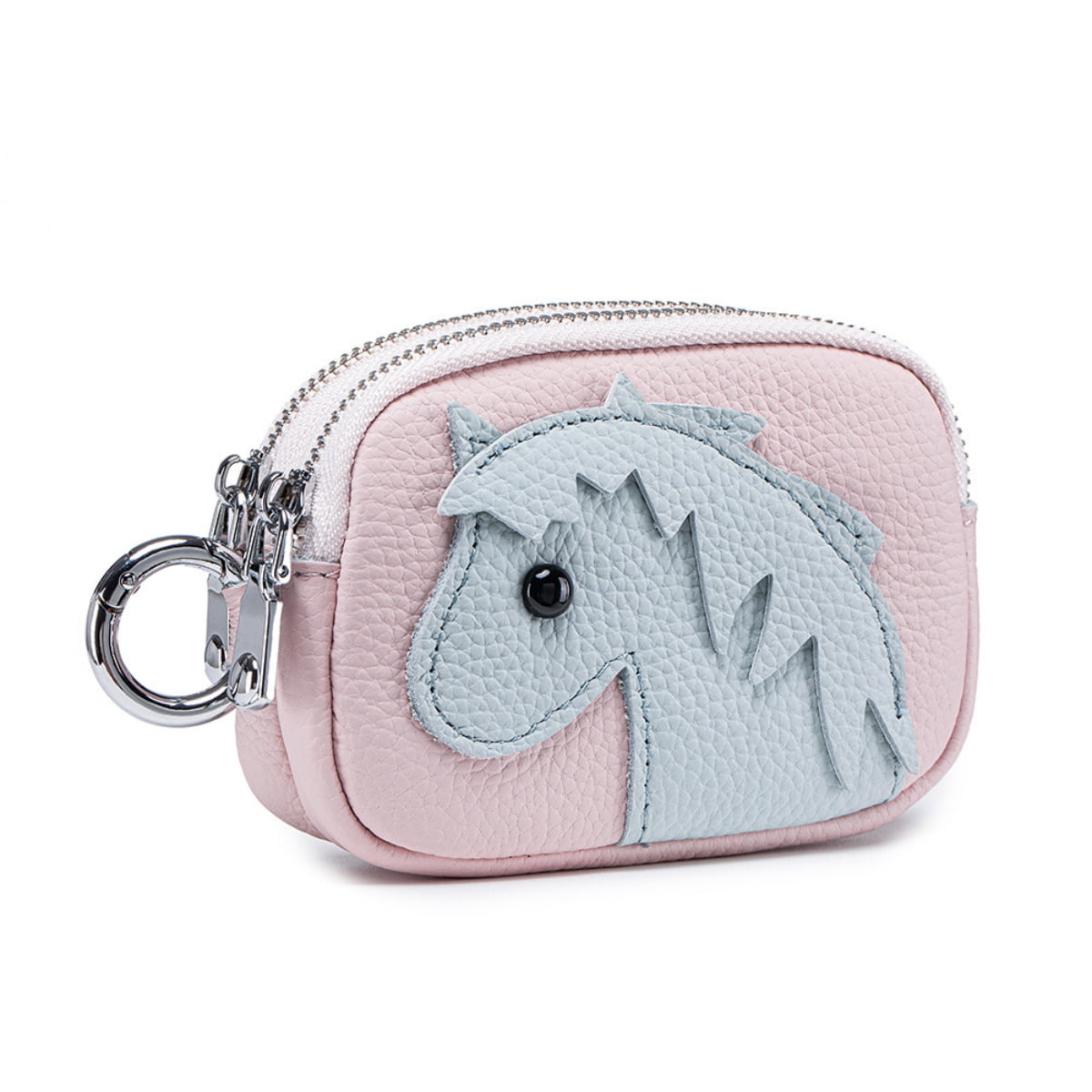 Genuine Leather Coin Purse for Women Double Zipper Small Change Pouch with Cute Horse Pattern Portable Mini Wallet Key Holder Detachable Bag Charm for Tote Bag Decoration