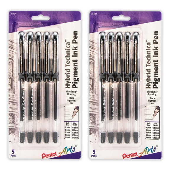 Pentel Arts Hybrid Technica Gel Pen, Assorted Tip Sizes (0.05, 0.1, 0.3, 0.5, 0.8), Black Ink, 5 Per Pack, 2 Packs