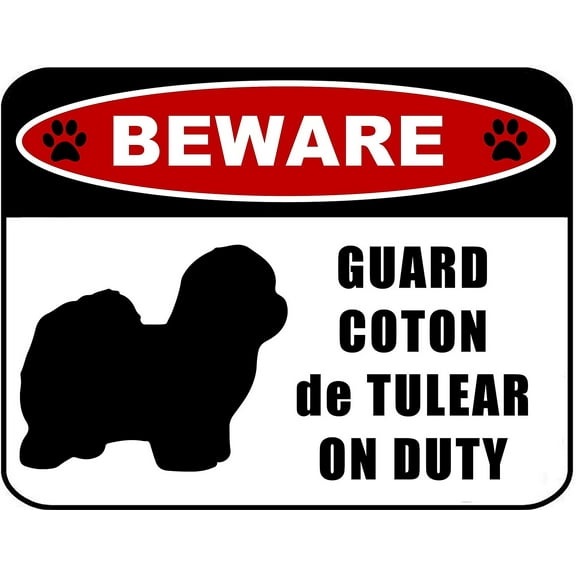 Beware Guard Coton de Tulear (silhouette) on Duty 11.5 inch x 9 inch Laminated Dog Sign