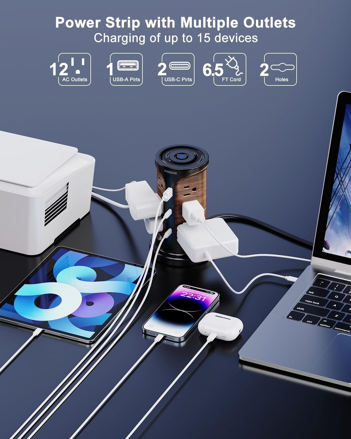 Flat Plug Surge Protector Power Strip Tower with 12 Outlets 3 USB(2 Type C), 6.5 FT Ultra Flat Extension Cord with Multiple Outlets,  Station with Screw Wall Mount for  Office Dorm