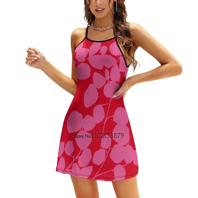 Eucalyptus Foliage Pattern / Hot Pink And Red / Large Simple Back Lacing Backless Dress Square Neck Dress Fashion Printed Dress