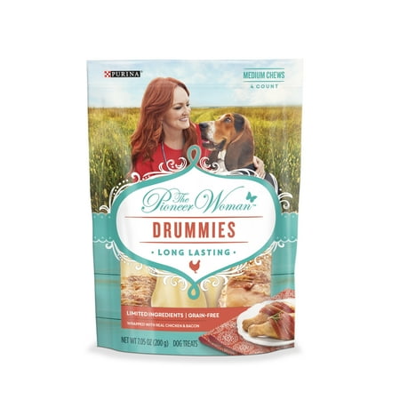 - The Pioneer Woman Limited Ingredient, Grain Free Rawhide Dog Treats; Drummies Chicken & Bacon - 7.05 oz. Pouch