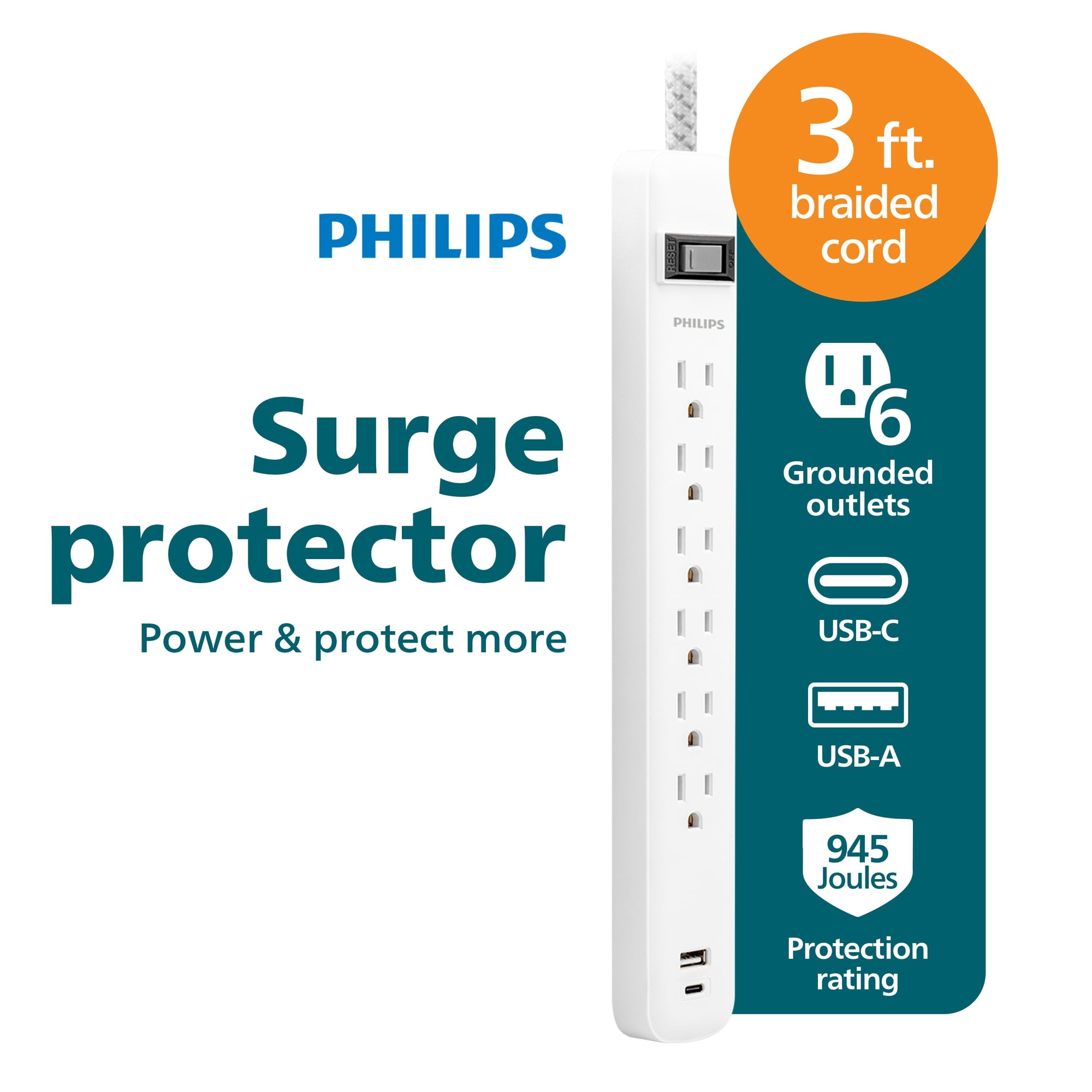 Philips Surge Protector with 6 Outlets, 945 Joules, USB-A & USB-C Ports